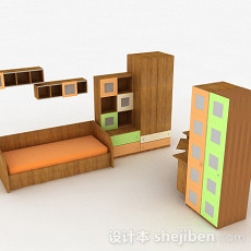 浅棕色组合床和衣柜3d模型下载