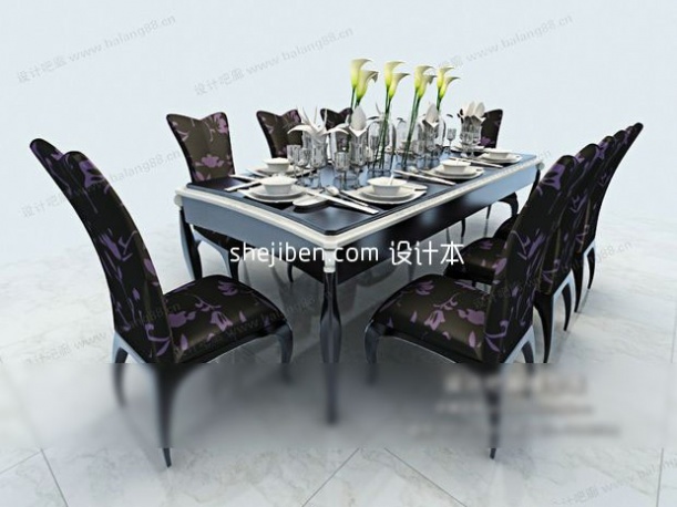 现代黑色时尚八人餐桌3d模型下载