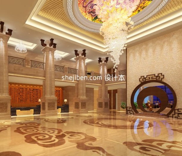 中式酒店大型水晶灯大堂3d模型下载