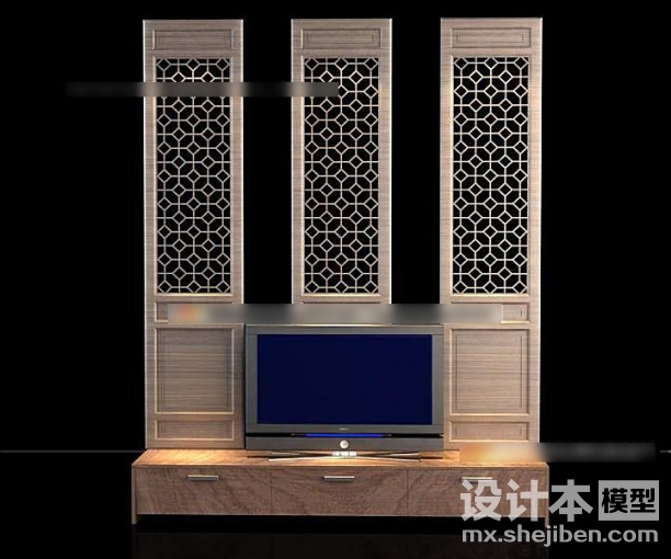 中式电视背景墙3d模型下载