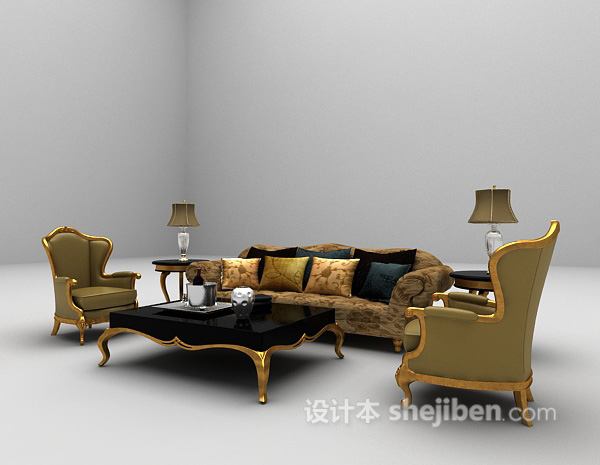 免费欧式棕色沙发组合3d模型下载