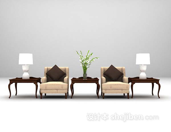 棕色布艺桌椅组合3d模型下载