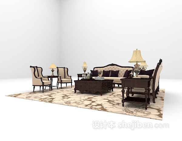 免费棕色木质组合沙发大全3d模型下载