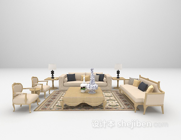 浅色木质沙发组合3d模型下载
