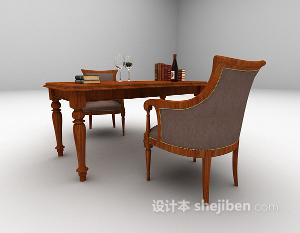 欧式风格欧式实木书桌椅组合3d模型下载