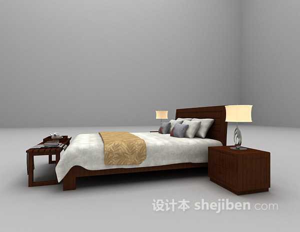 棕色木质床具3d模型下载