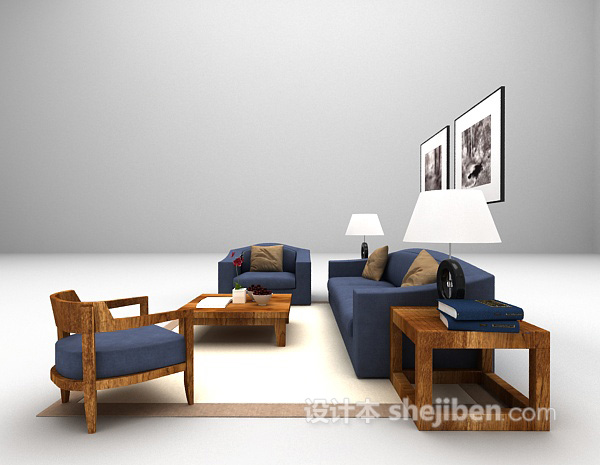 设计本蓝色木质沙发3d模型下载