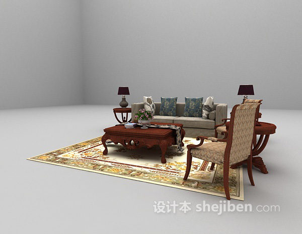 欧式木质沙发3d模型下载
