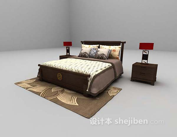 设计本木质双人床大全3d模型下载