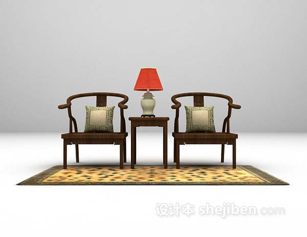 中式棕色桌椅组合3d模型免费下载