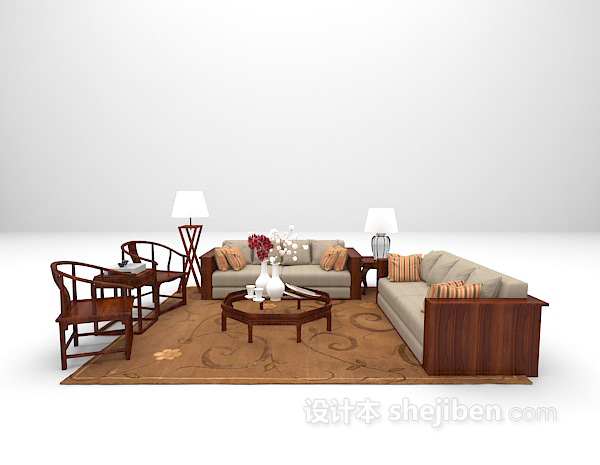 中式组合沙发3d模型下载