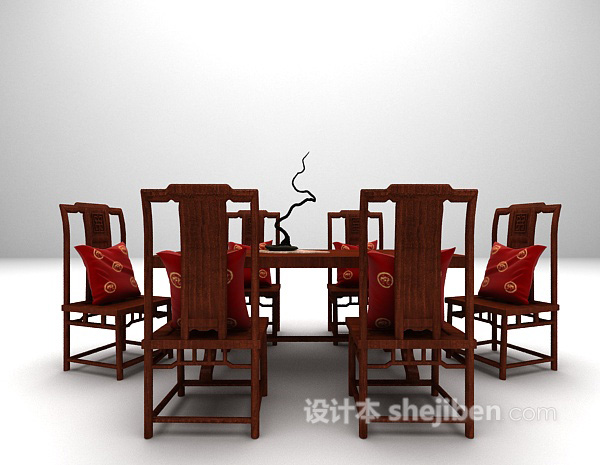 中式长形桌椅模型下载