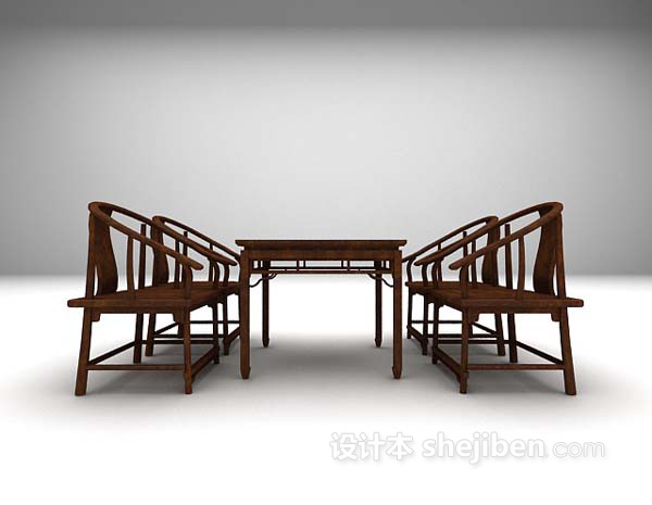 设计本棕色中式桌椅组合3d模型下载