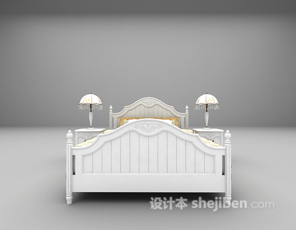 白色木质床3d模型下载
