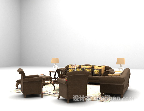 设计本棕色布艺沙发3d模型下载