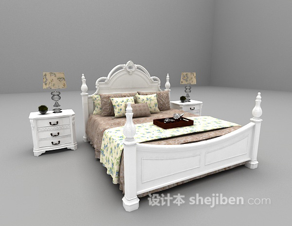 欧式风格白色双人床3d模型下载