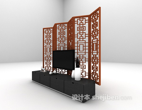 中式风格中式电视背景墙3d模型下载