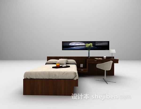 木质单人床3d模型下载