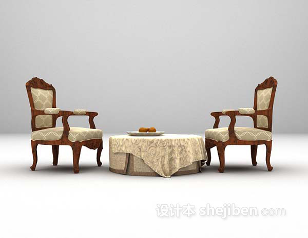 欧式木质桌椅组合3d模型下载