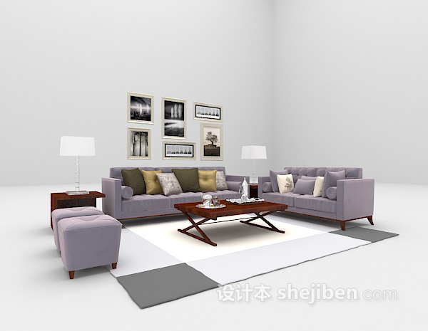 紫色组合沙发3d模型免费下载