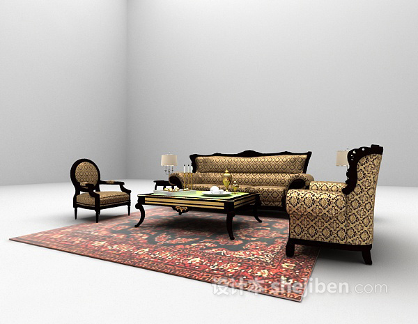 欧式风格花格式沙发组合3d模型下载