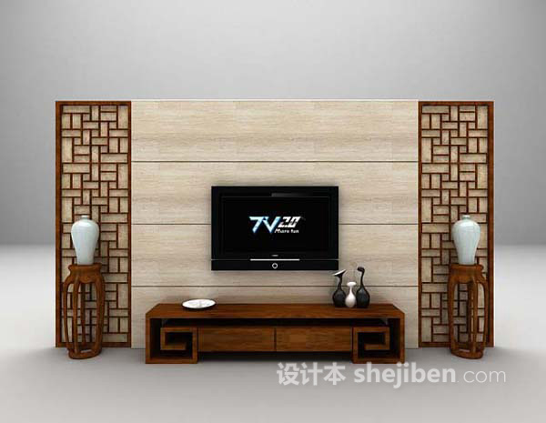 中式棕色电视墙3d模型下载