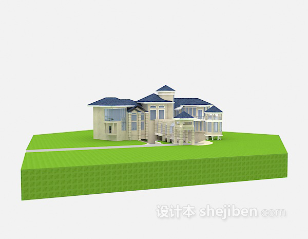 蓝色屋顶别墅3d模型下载