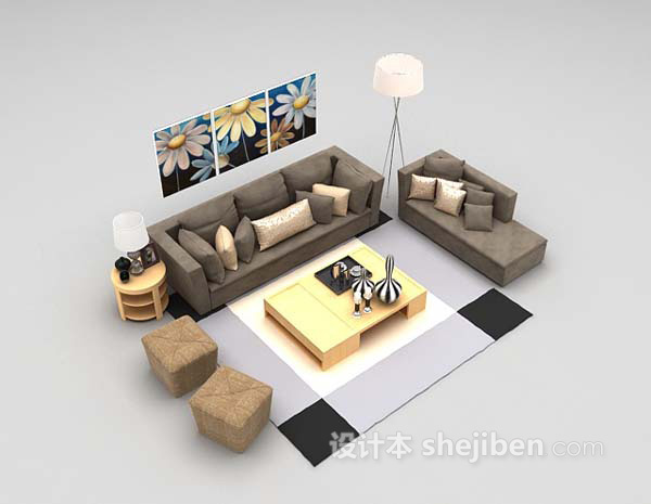 灰色布艺沙发组合3d模型