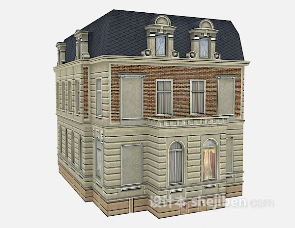 设计本欧式蓝色屋顶别墅3d模型下载