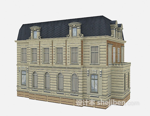 免费欧式蓝色屋顶别墅3d模型下载