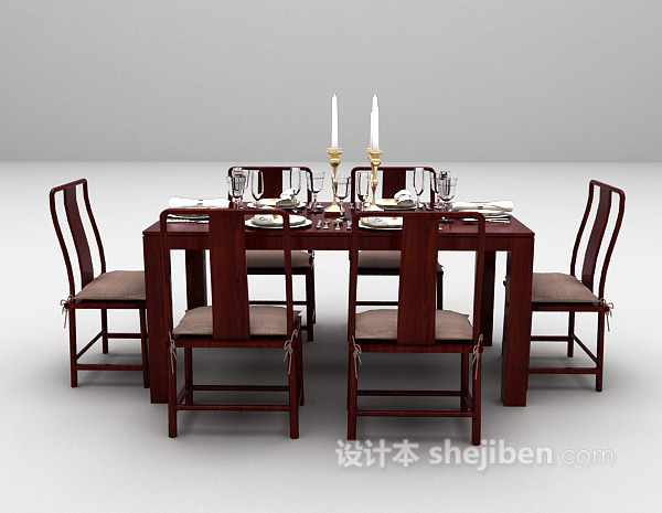 红色餐桌椅组合3d模型下载