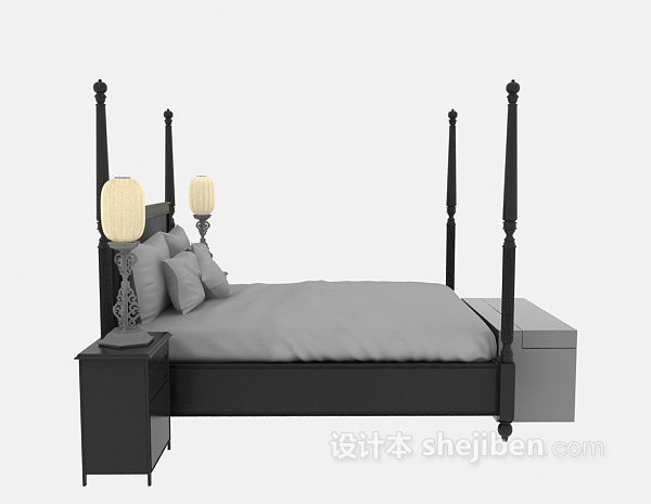 中式风格床具3d模型下载