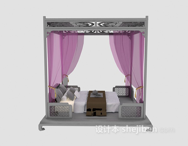 中式豪华床具3d模型下载