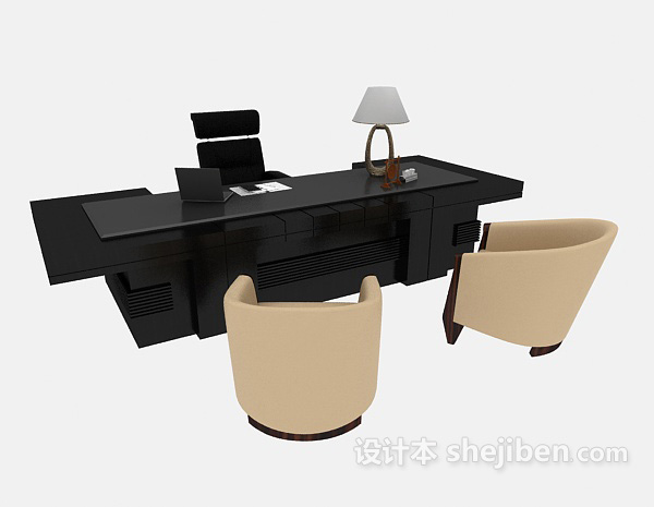 黑色实木办公桌3d模型下载