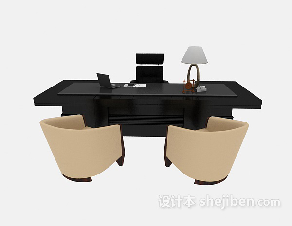 免费黑色实木办公桌3d模型下载