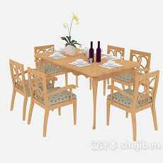 实木家居餐桌椅组合3d模型下载