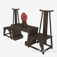 中式棕色实木桌椅3d模型下载