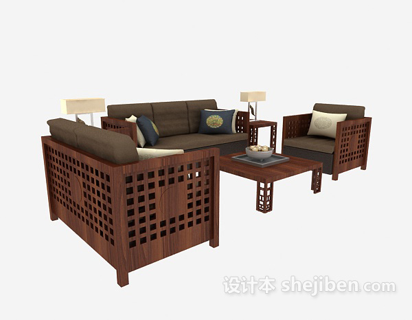 中式 木质组合沙发