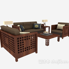 中式 木质组合沙发3d模型下载