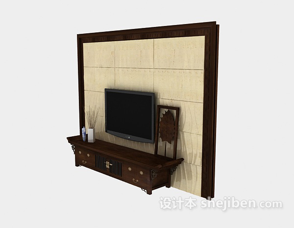 中式风格电视墙3d模型下载