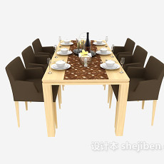 现代六人实木餐桌椅3d模型下载