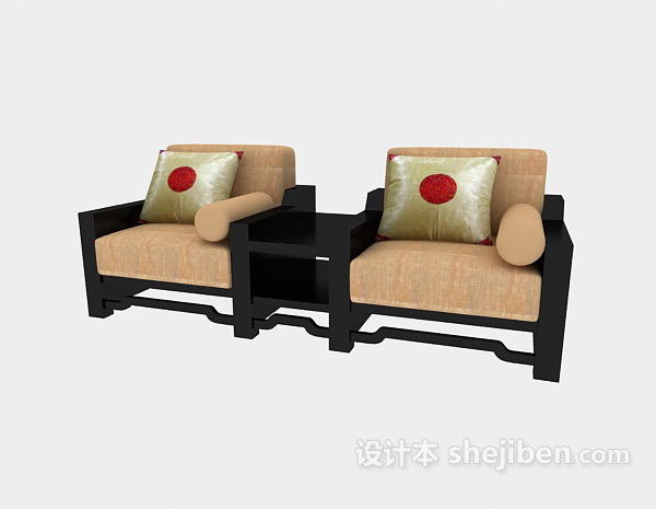 免费新中式实木单人沙发3d模型下载