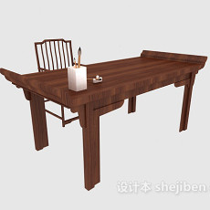 棕色实木中式条案书桌3d模型下载