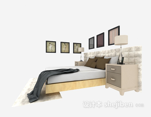 免费现代实木家庭双人床3d模型下载