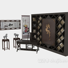 中式书桌、书柜整体组合3d模型下载