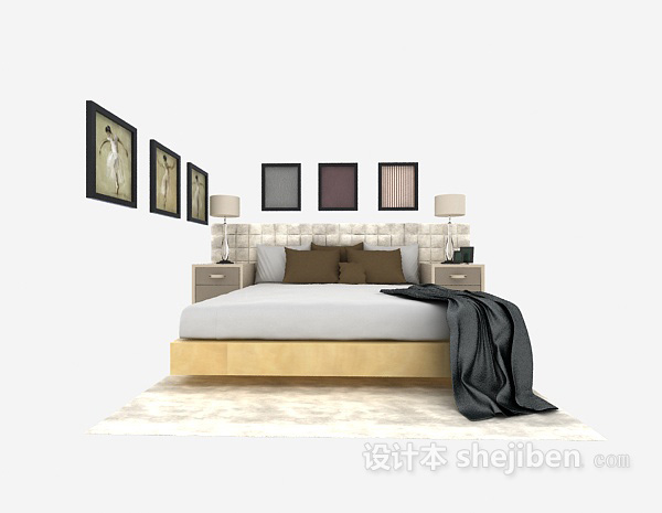 现代风格现代实木家庭双人床3d模型下载