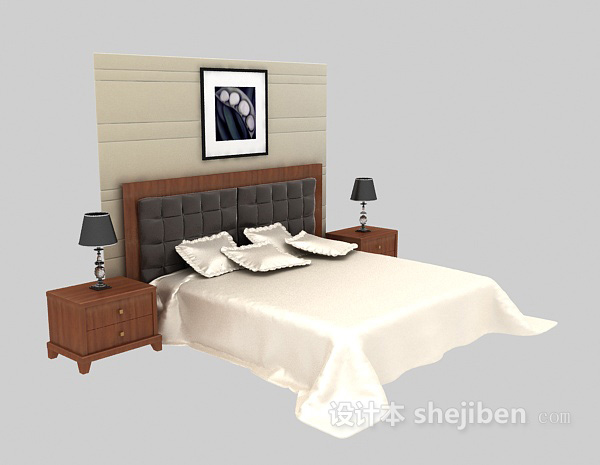 家居实木双人床3d模型下载