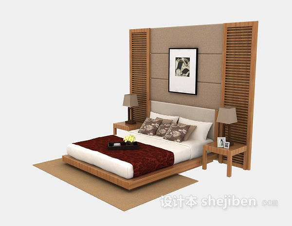 免费实木家庭双人床3d模型下载