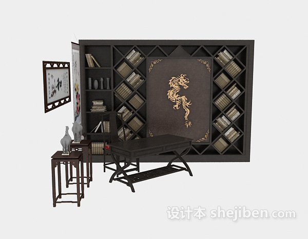 中式风格中式书桌、书柜整体组合3d模型下载