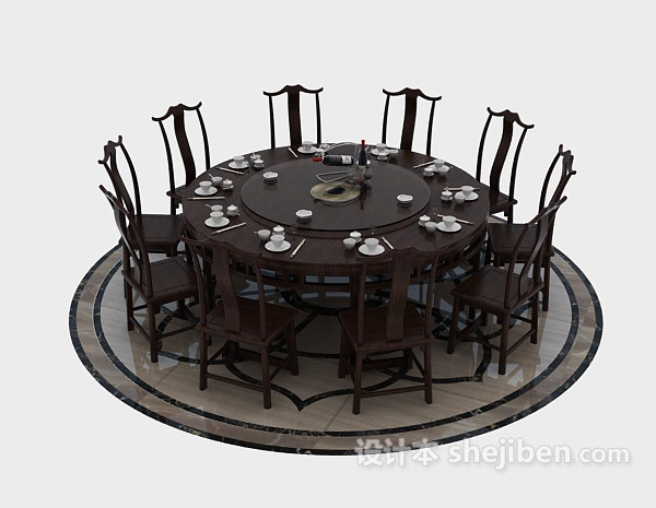 中式风格10人圆餐桌3d模型下载